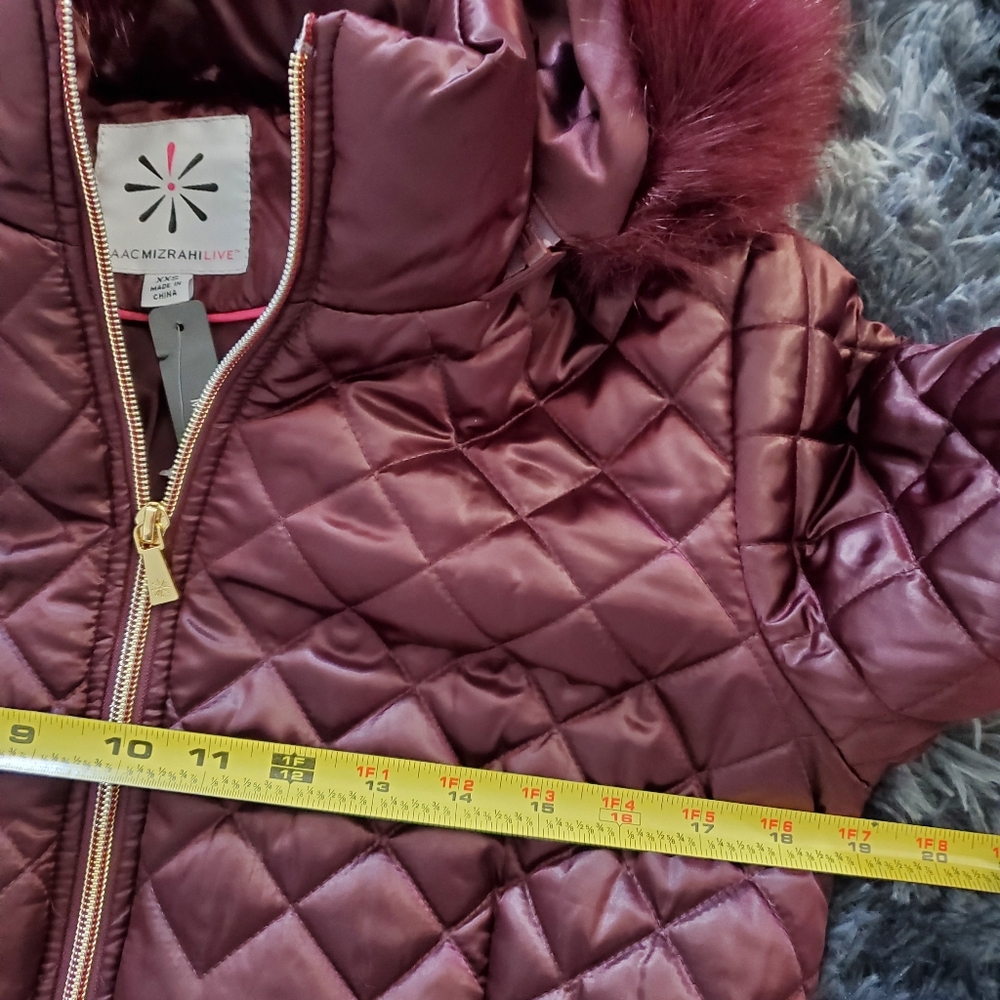 NWT ISAAC MIZRAHI burgundy faux fur puffer XXS - Picture 7 of 9